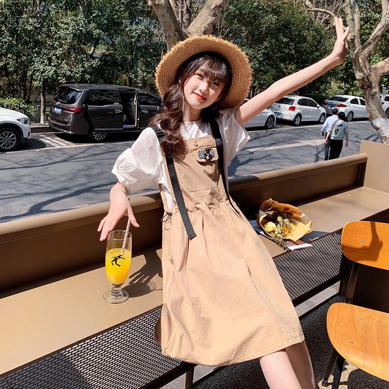 

Clothing Sets Girl Suspender Short Sleeve T-Shirt Skirt Suit2022 Summer Teen A-line Overalls 4-13 Year, Black