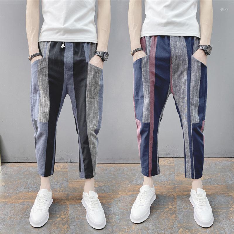 

Men's Pants Men Summer Thin Casual Micro-Elasticity Harem Slim-Fit Mixed Color Drawstring Cropped Male Fashion Korean, Blue
