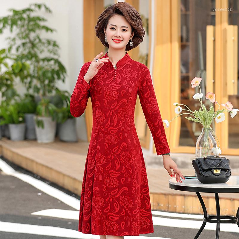 

Casual Dresses Mom Autumn Cheongsam Dress 2022 Women's Middle-aged For Women Femme Mid-length Long Sleeve, Green