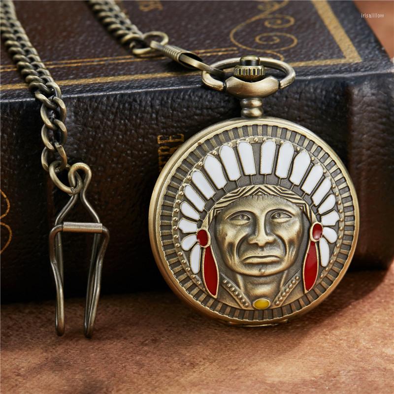 

Pocket Watches Retro Character Avatar Quartz Watch FOB Chain Bronze Hand Wind Mens Womens