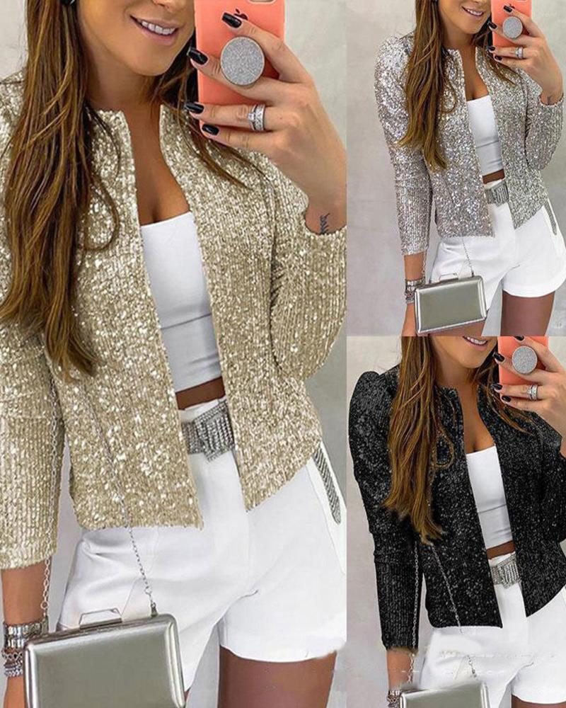 

Women' Jackets 2022 Fashion Stand Collar Solid Sequin Coat Short Casual Versatile Small, Black