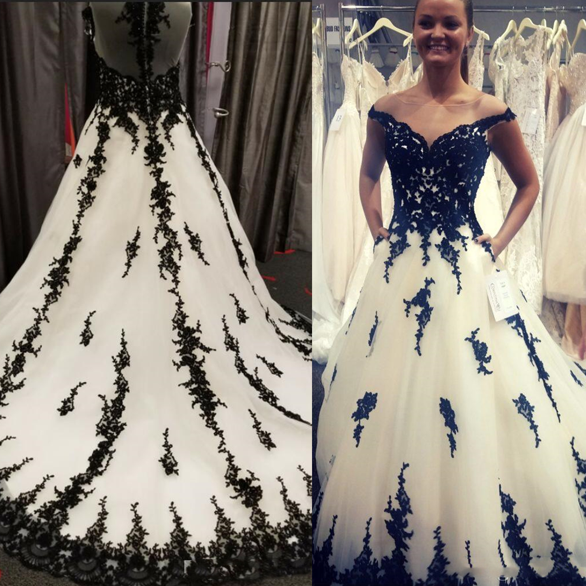 

Gothic Black And White Wedding Dresses Bridal Gowns A-Line Court Train Lace Appliques Sheer Crew Neck Vintage Plus Size Country Bride Robe De Mariee Custom Made 2023, Black & white