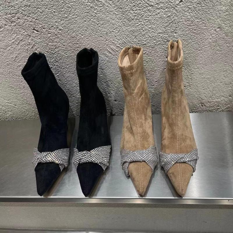 

Boots Black/Brown Women Ankle Pointed Toe Sock Botas Back Zipper Bow Rhinestone 2022 Fashion Party Thin Mid Heels Stretch Shoes