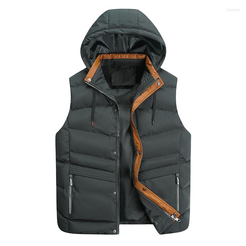 

Men's Vests LUKER CMSS Men Sleeveless Jacket Hooded Zipper Patchwork Coats Male Windbreak Warm Waistcoat Outwear Solid Down Parka, 6607black