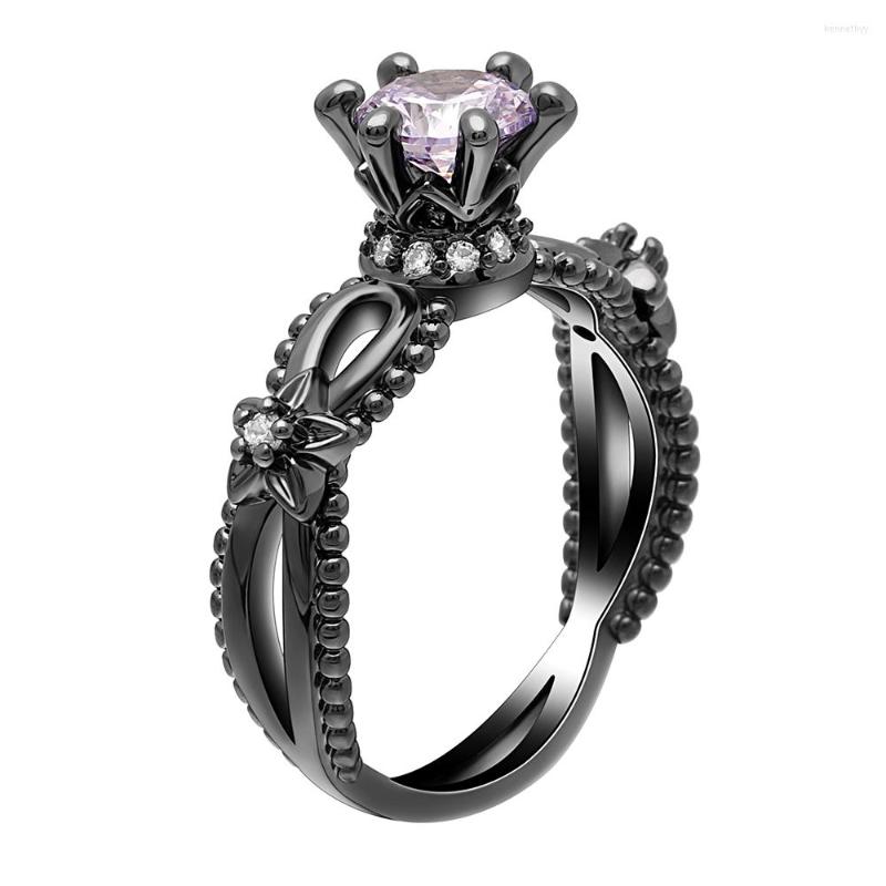 

Wedding Rings Arrival Black Gold Color Crown Fashion Women Purple Zircon Design Flower Jewelry Engagement Gifts