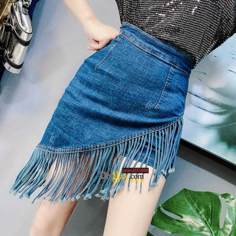 

Skirts Summer Jeans Skirt Women High Waist Irregular Edges Denim Female Mini Washed Faldas Casual Tassel, Blue