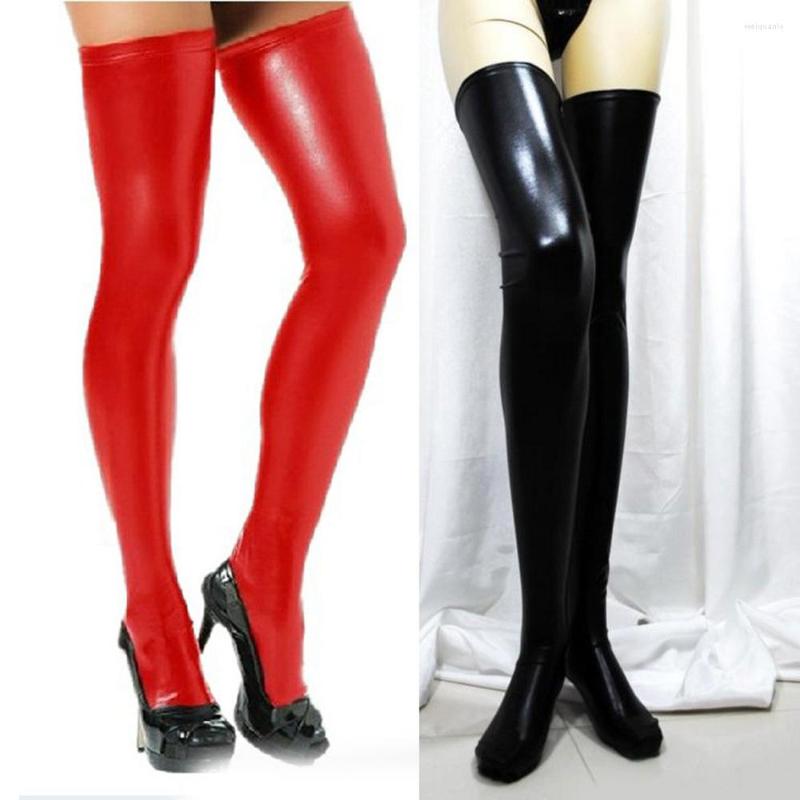 

Women Socks PU Leather Leggings Thigh High Long Stockings Stretch Over Knees Wetlook Clubwear Sexy Pole Dance Nigth, Red