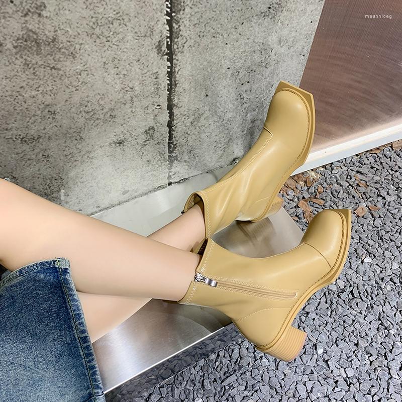 

Boots Fashion Women Ankle Square Toe Gladiator Black Khaki White Thick High Heels Side Zipper Stretch Shoes Autumn Winter Botas