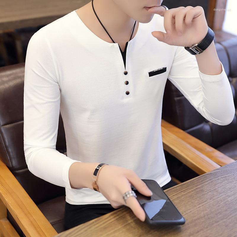 

Men's T Shirts Men's Clothing Spring And Autumn Long Sleeve T-shirt Trend Solid Color Pullover V-neck Men Shirt, Gray