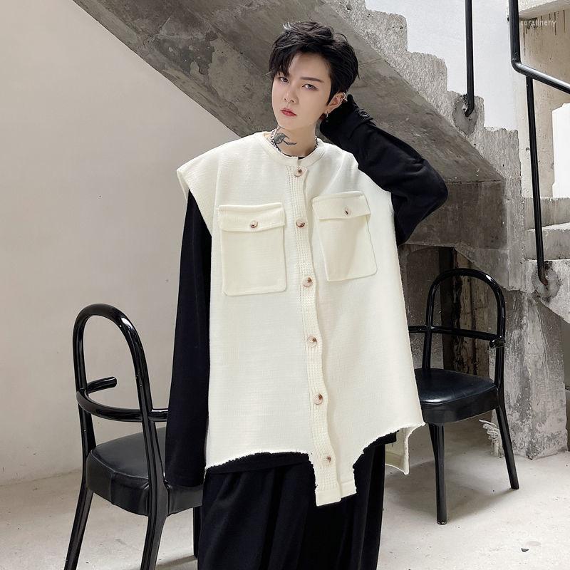 

Men's Vests Spring 2022 Solid Color Round Neck With Holes Cut Hem Men's Knitted Sweater Vest Loose Oversize Sleeveless Waistcoat 2Y2222, Black
