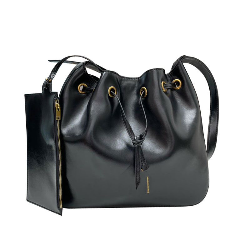 

Bucket Bag Handbag Purse Drawstring Shoulder Bags Fashion Genuine Leather Gold Hardware Letter Interior Zip Pocket Drawstring Black Women Clutch, Just box