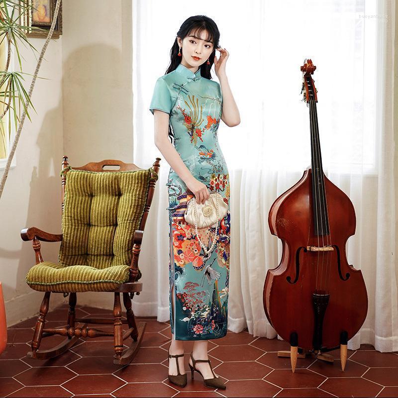 

Ethnic Clothing Long Flower Chinese Traditional Dress Sexy Vintage Button Oversize Qipao Slim Elegant Cheongsam Evenning Party Vestidos Gown