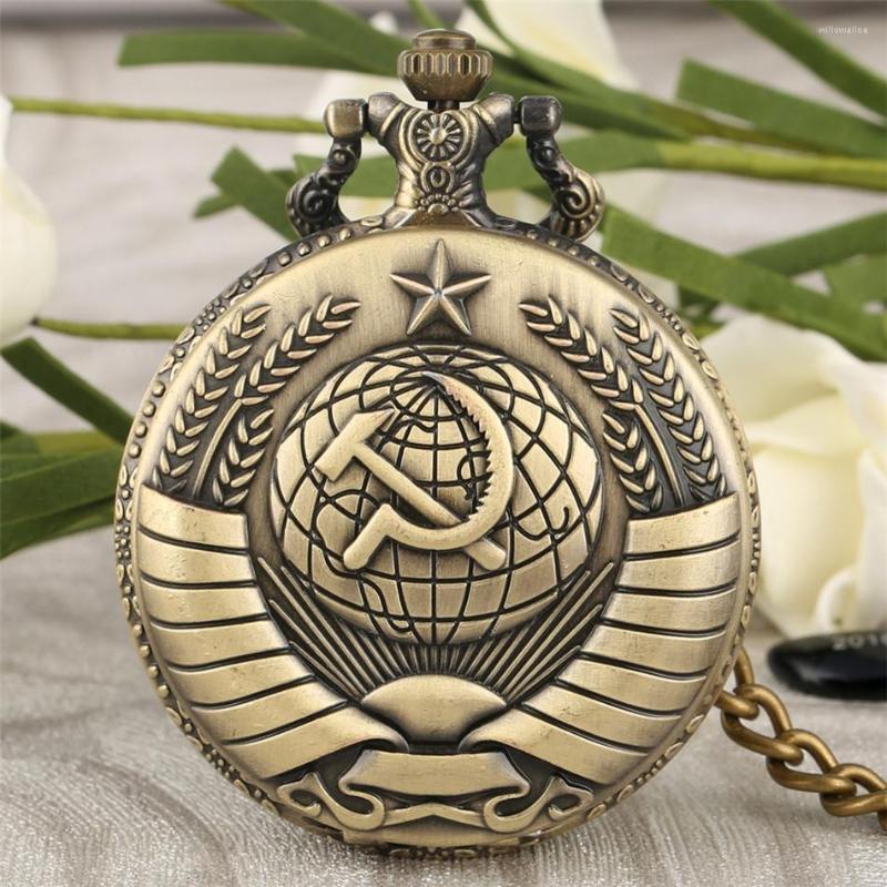 

Pocket Watches Soviet Sickle Hammer Style Quartz Watch Men Women Vintage Bronze Pendant P380, 80 cm necklace chain