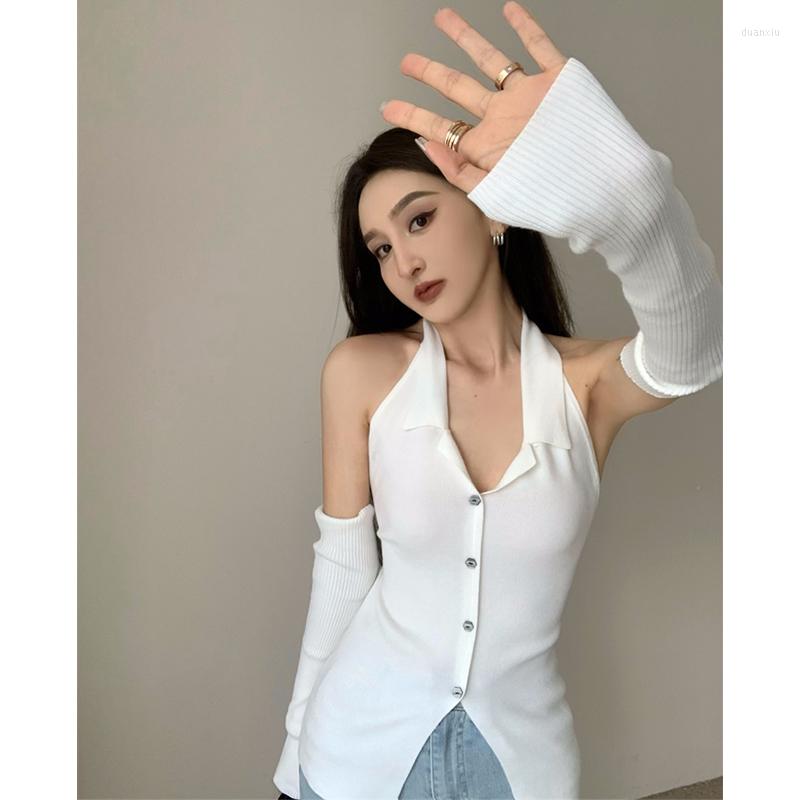 

Women's T Shirts Korean Style Black Halter Tight-fitting Long-sleeved Sweet Shirt Women Autumn 2022 Slim Tee Crop Tops