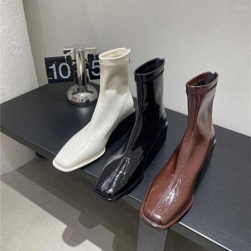 

Boots Round Toe Women Ankle 2023 Arrivals Thick Mid Heels White/Black/Wine Red Back Zipper Winter Party Pumps Solid Color