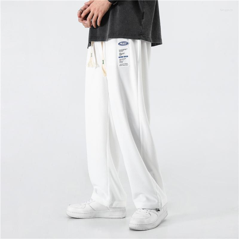 

Men's Pants Mens White Baggy Summer Thin Waffle Soft Loose Straight Fashion Wide Leg Bundle Feet Nine-point Sweatpants, Black