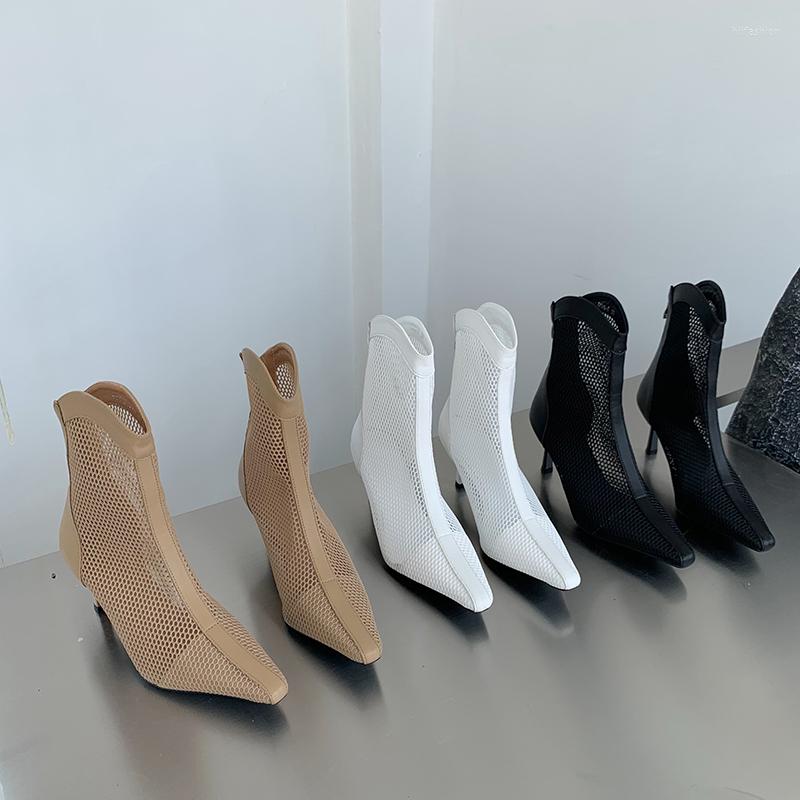 

Boots Pointed Toe Women Sandals Black White Beige Summer Dress Shoes Back Zipper 2022 Arrivals Short Ankle