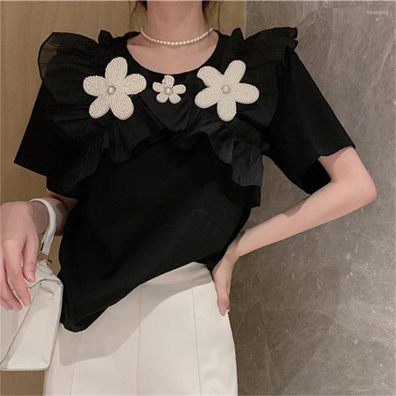 

Women's T Shirts HziriP Vintage Short Sleeves Tees Flowers Women Summer Chic High Street 2022 OL Tops Elegant Office Lady T-Shirts, Black