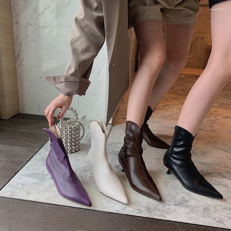 

Boots Pointed Toe Women Sock Short Dress Shoes Fashion 2022 Arrivals Purple Brown Beige Black Side Zipper Thin Mid Heels