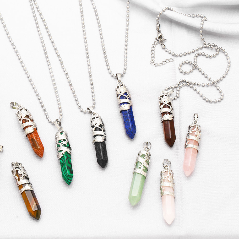 

Hexagonal Bullet Pendant Necklaces Fashion Women Natural Stones Rose Quartz Tiger Eye Amethyst Blue Sand Red Jasper Gemstone Single Pointed Silver Chain Jewlery