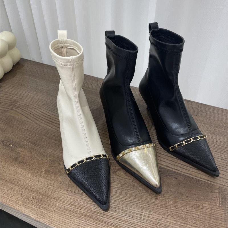 

Boots Satin Women Ankle White/Black Gold Metal Chain Shallow Slip On Thin Mid Heels Dress Shoes Woman Size 39 Winter Sock