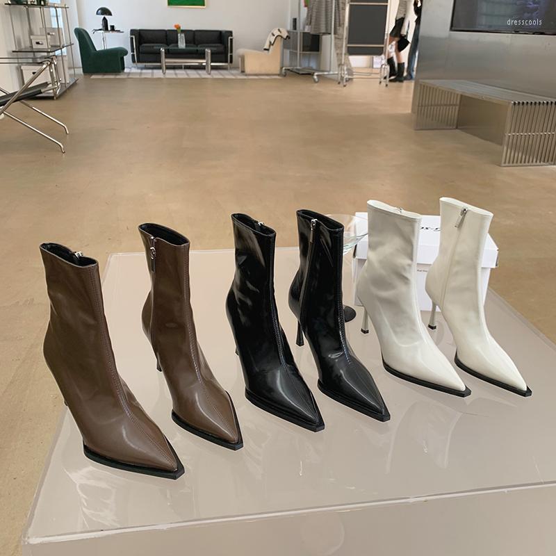 

Boots Pointed Toe Women Ankle Black White Brown 2022 Arrivals Autumn Winter Ladies Woman Side Zipper Thin High Heels