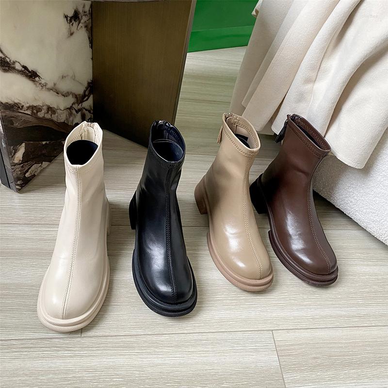 

Boots Round Toe Women Sock Ankle Dress Booties Flat Mid Heels Black Brown Beige Khaki Back Zipper Elegant Stretch Shoes Woman