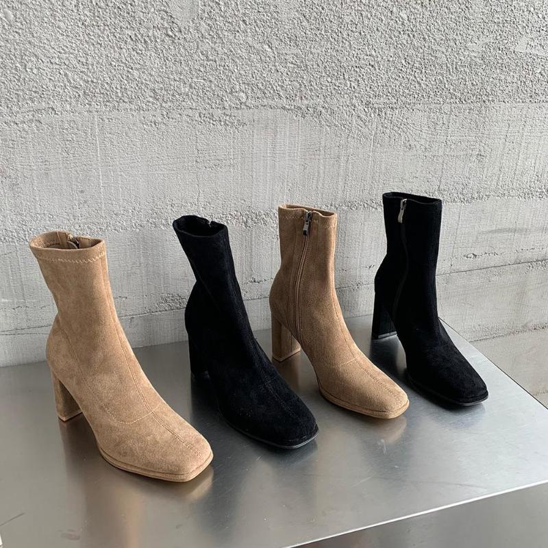 

Boots Fashion Women Ankle Square Toe Stretch Shoes Thick High Heels 2022 Arrivals Party Pumps Side Zipper Ladies Sock Botas, Beige