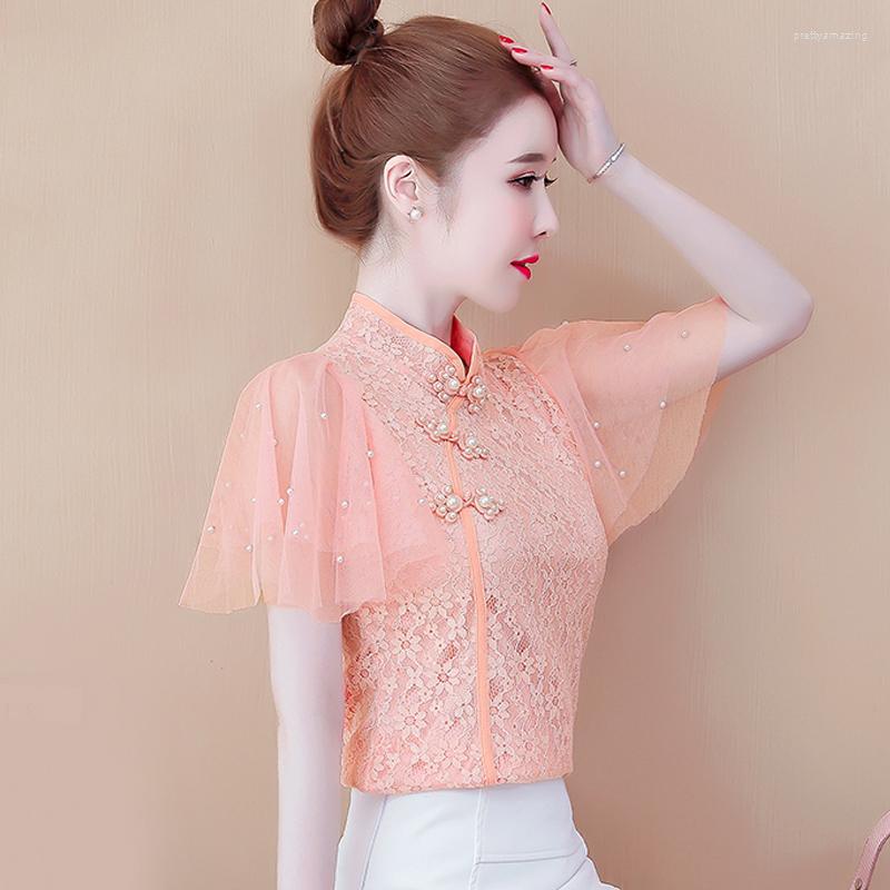

Women' Blouses Summer Cheongsam-style Top Super Fairy Fashion Women' Small Shirt Short-sleeved Lace Mesh Chiffon, Purple