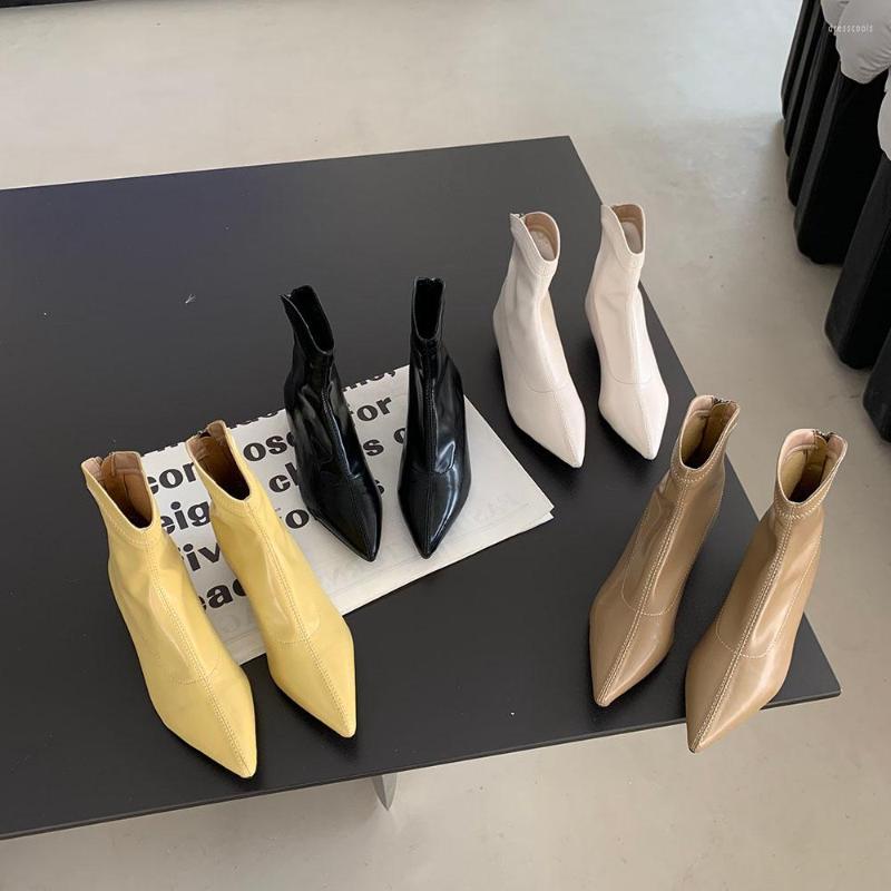 

Boots Pointed Toe Women Ankle Stretch Shoes Sock Booties Black Beige Yellow White Sewing Design Back Zipper Thin Low Heels Pumps