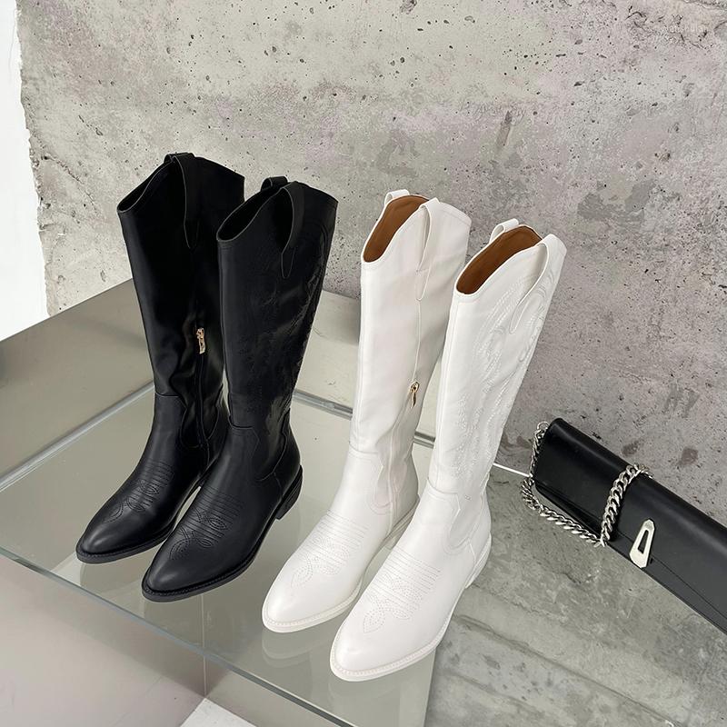 

Boots Round Toe Women Knee High Black/White Embroidery Winter Booties Side Zipper Western Botas Thick Mid Heels Party Pumps