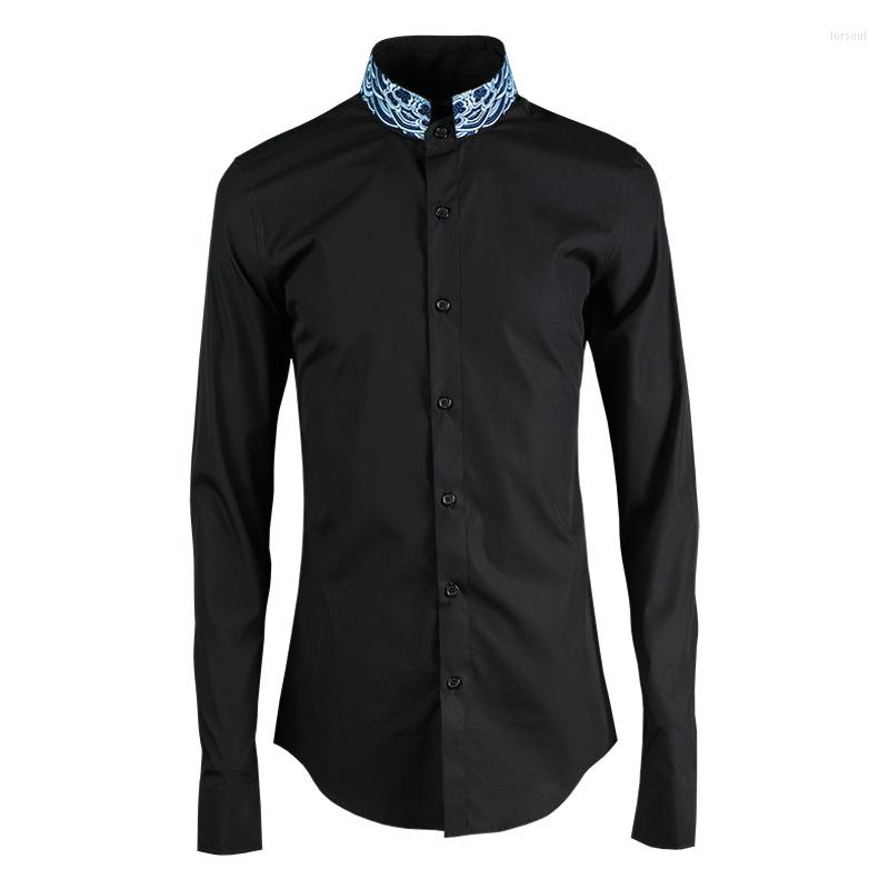 

Men's Casual Shirts Minglu Stand Collar Men Shirt Fashion Neck Precision Embroidered Mens Dress Hight Quality Slim Fit 4XL, Beige