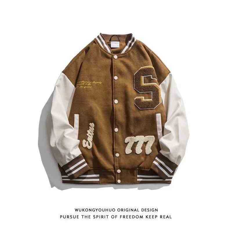 

hoodieMen's Spring and Autumn Stitched Letter Embroidered Baseball Jacket Men's American Casual Loose Versatile Work Jacket, Single layer cashew nut black coat