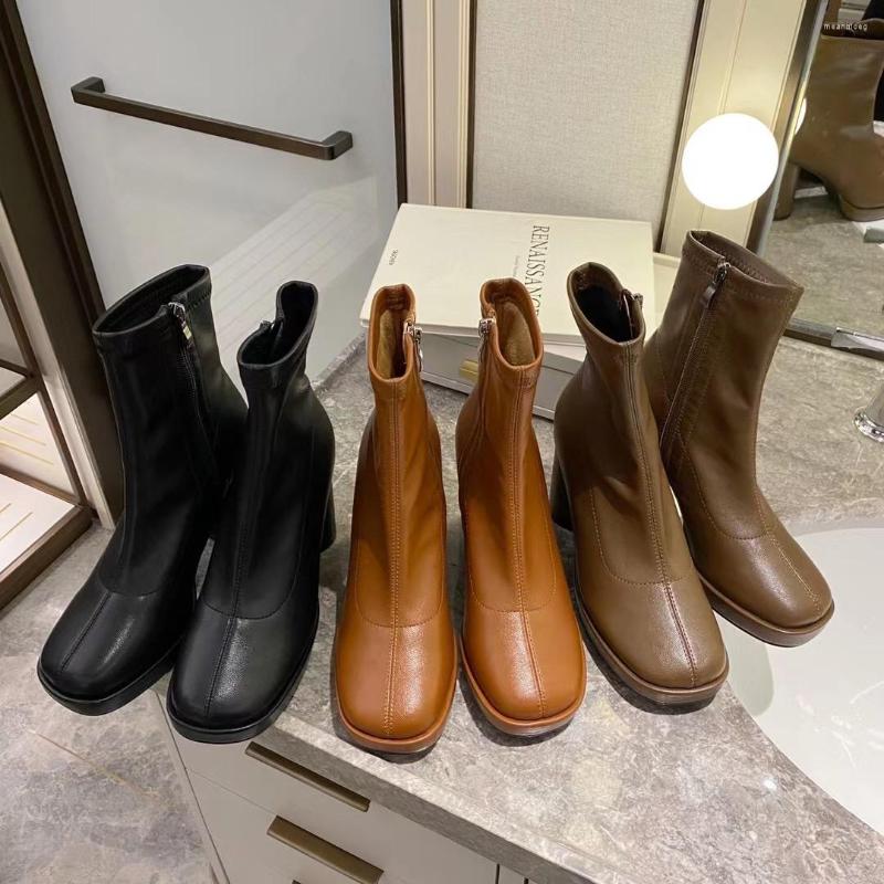 

Boots Round Toe Women Ankle Black Brown Khaki 2022 Fashion Party High Heels Side Zipper Autumn Winte Booties 35-39