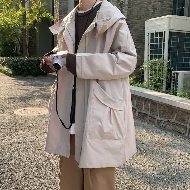 

Men' Trench Coats Autumn Hooded Men Fashion Casual Apricot/Black Oversized Long Coat Korean Loose Windbreaker Jacket Mens Overcoat -XL