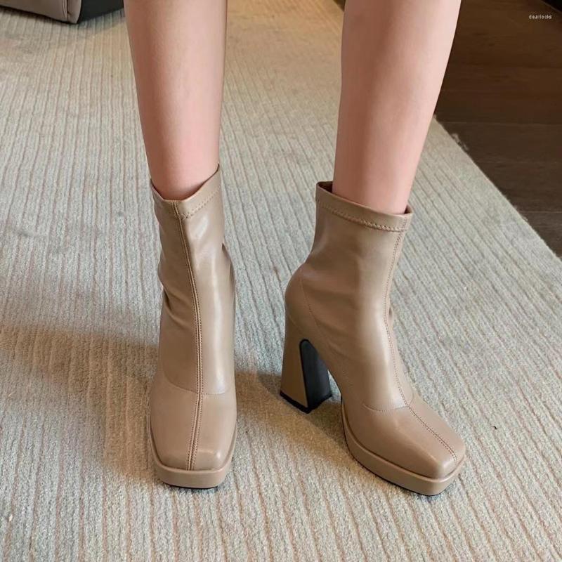 

Boots Black Beige Khaki Women Ankle 2022 Arrivals Sock Booties Platform Shoes Thick High Heels Slip On Stretch Woman