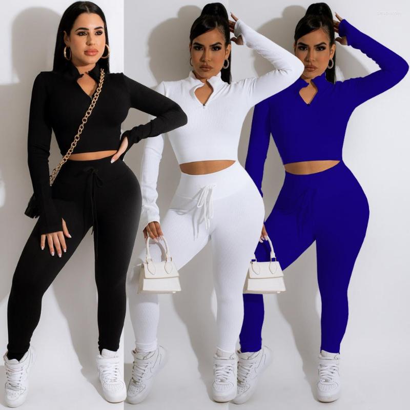 

Women' Two Piece Pants Sportswear Yoga Set Women Gym Casual Zip Long Sleeve Slim Crop Top Drawstring High Waist Pencil Skinny Tracksuit, White