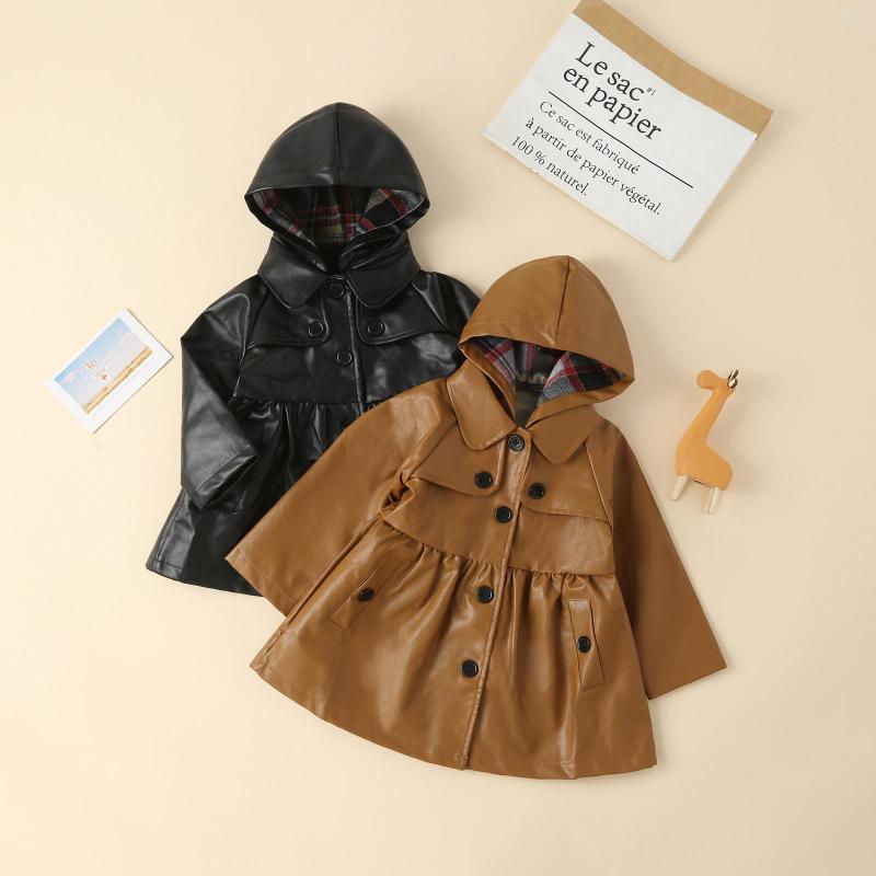 

Coat Born Girls Faux Leather Jacket Children's PU Dress Button Hooded Jackets Tops Fall Winter Outerwear, Black