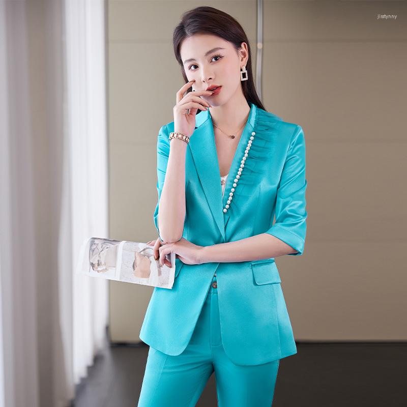 

Women' Two Piece Pants IZICFLY Style Blue Summer Half Beading Office Blazer And Set For Women 2022 Work Wear Business OL 2 Suit Outfits, Blue coat nd pant