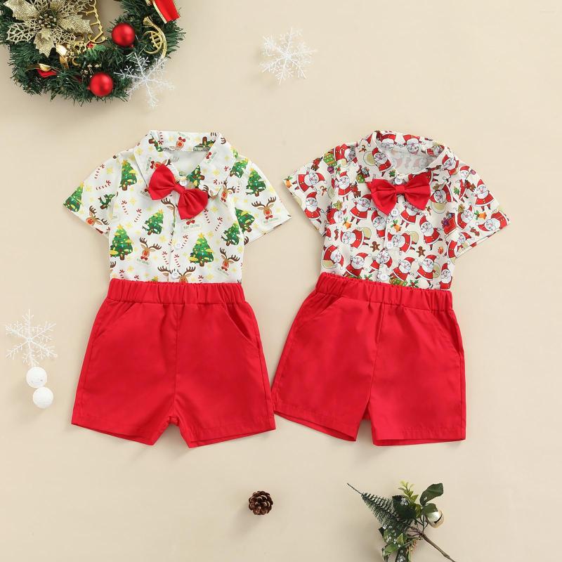 

Clothing Sets Toddle Boy Two-Piece Outfits Santa Claus/Christmas Tree Turn-Down Collar Shirt Solid Color Short Trousers