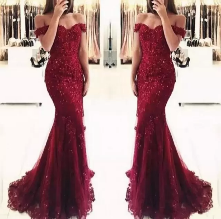 

Burgundy Lace Mermaid Prom Dresses Appliques Off the Shoulder Beaded Sequins Long Prom Gowns Evening Dresses Cheap Wear BM0449, White