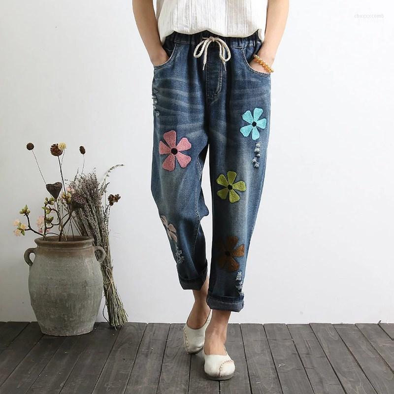 

Women's Jeans Women's 2022 Fall Summer Women Waist Lace Up Loose Flowers Embroidered Plus Size Nine Points Trousers, Blue