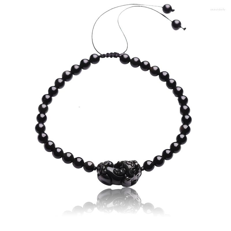 

Anklets Natural Stone Pixiu Ankle Boots For Women Jewelry 6-8mm Round Adjustable Beads Men Bracelet Obsidian Safeness