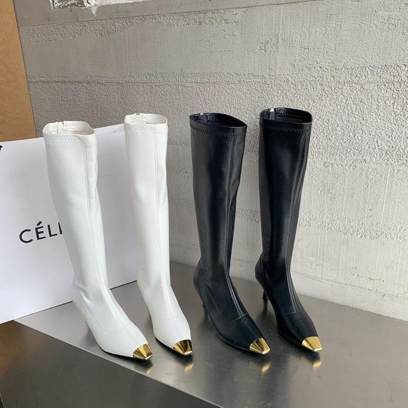

Boots Women Knee High Black White Back Zipper Thin Heels Sock Booties Mixed Color Elastic Band Dress Shoes Woman 35-39