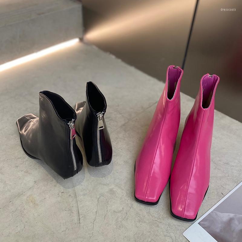 

Boots Fashion Women Ankle Black White Pink Back Zipper Square Toe Thin Mid Heels Short Stretch Shoes Woman 39