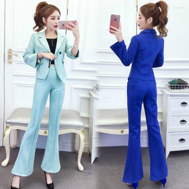 

Women' Two Piece Pants 2022 Women Autumn Winter Elegant Blazer Suit Female Button Short Top High Waist Flare Pant 2 Pcs Set Lady Casual, Blue