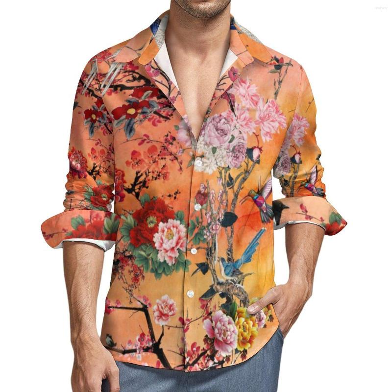 

Men' Casual Shirts Vintage Birds Shirt Spring Retro Floral Print Mens Fashion Blouses Long Sleeve Design Funny Top Plus Size, Style-2