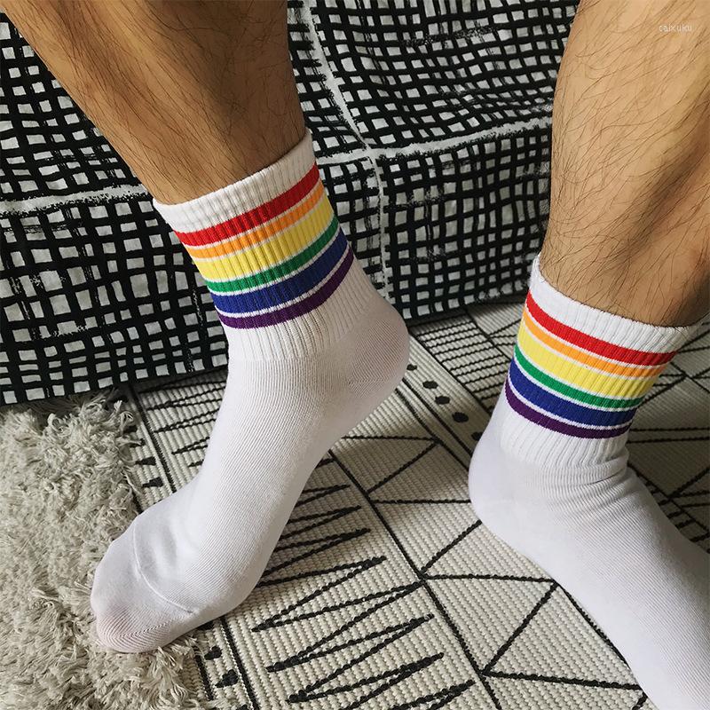 

Men's Socks Fashionable Mid-Calf Rainbow Striped Sports Moisture Absorption Breathable Short Personalized Hip Hop Skate, White thick line