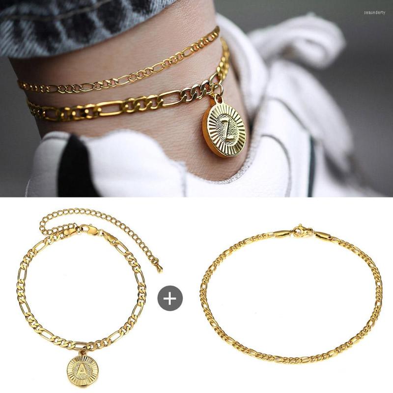 

Anklets 2Pcs/Set Initial Letter Charm Figaro Anklet Stainless Steel Link Chain For Women Girl Foot Bracelet Fashion Accessories