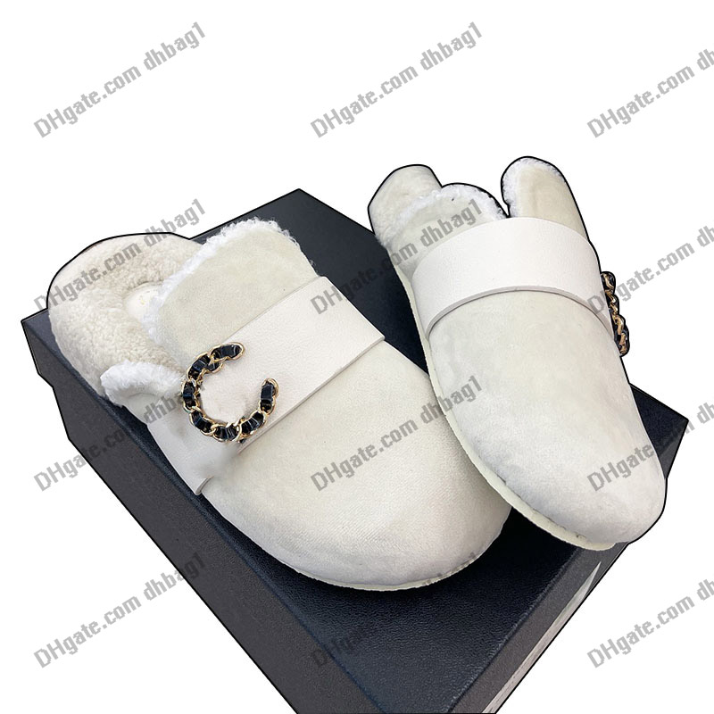 

Luxurys 22ss Slipper For Women Designer Velvet With Chain Letter Fur Warm Soft Comfy Mules Slides Flip Flops Slip-on Classic Whtie Black Retro Indoor Shoes Casual Shoe, White